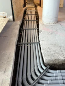 University of Ottawa Senate Room floor trench with electrical conduit runs during renovation.