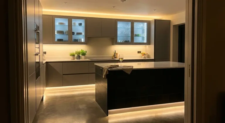 Modern kitchen with accent lighting including toe kicks and in-cabinet LEDs