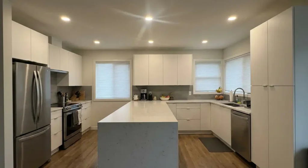 Modern kitchen with recessed pot lights providing ambient ceiling illumination