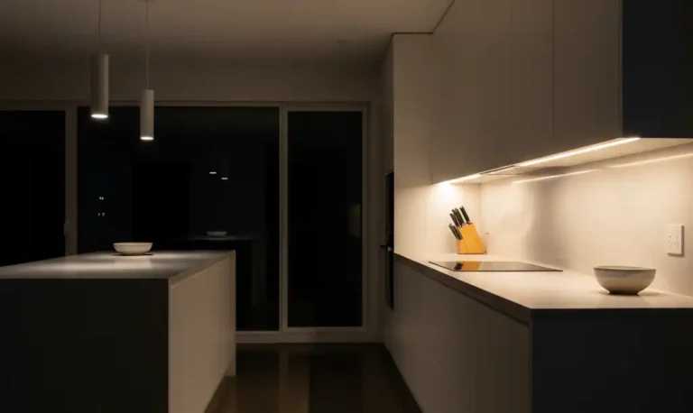 LED under cabinet lighting illuminating kitchen countertop for cooking tasks