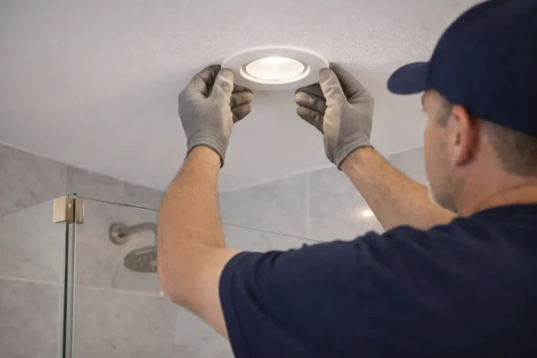 Wet rated recessed light in bathroom ceiling