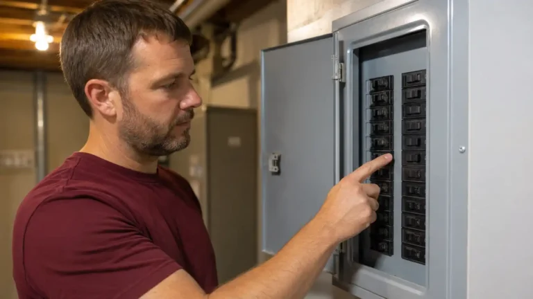 Homeowner resetting a circuit breaker in an open electrical panel inside a clean basement utility room.