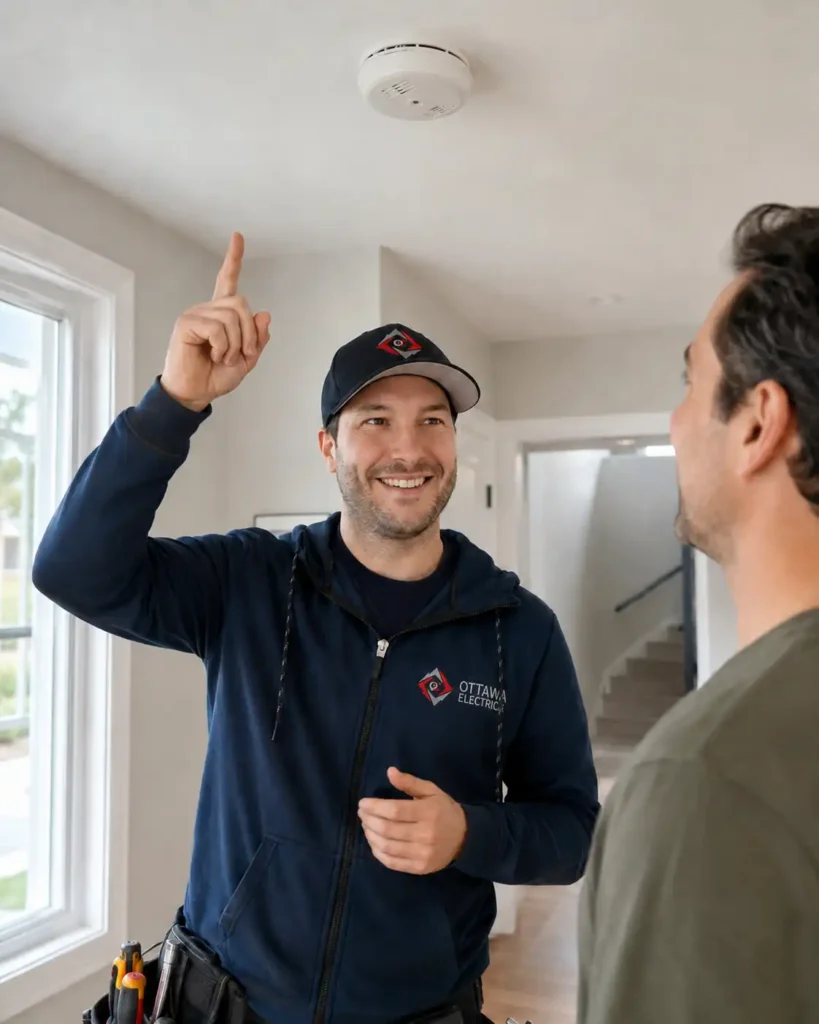 Matt Fortin explaining a ceiling mounted smoke and carbon monoxide alarm to a homeowner in a bright modern home.