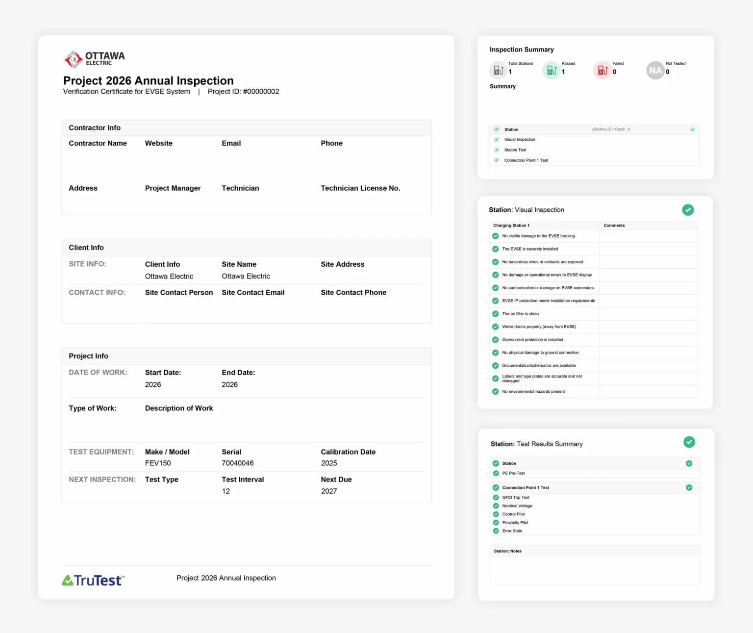 Sample EV charger inspection report showing visual checks, station tests, and a passfail safety summary.