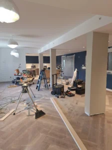 Windsor Park renovation dining area at Old Faulks Home with recessed lighting and electrical upgrades during construction.