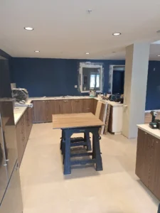 Windsor Park renovation kitchen at Old Faulks Home with recessed lighting and new electrical upgrades.