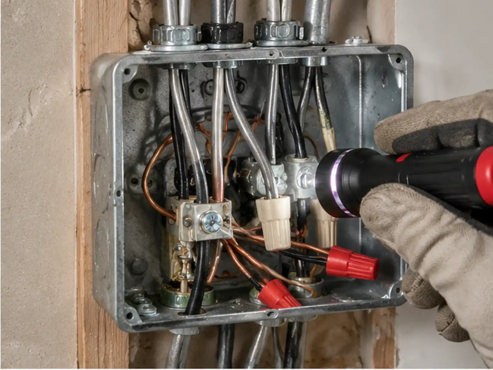 Aluminum branch circuit wiring being professionally inspected in an older Ottawa home