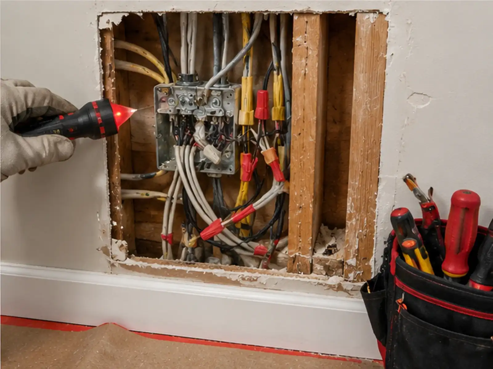 Electrician inspecting hidden electrical changes from a previous home renovation