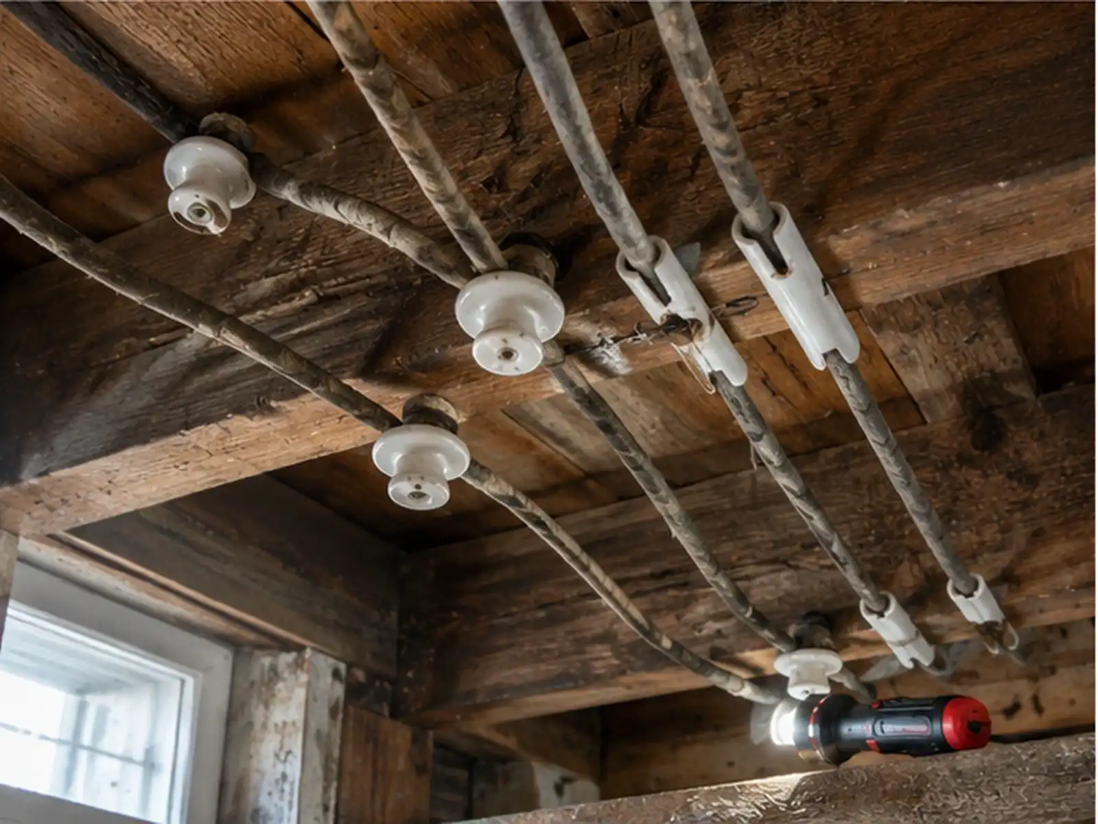 Knob and tube wiring running along wooden joists in an older Ottawa home
