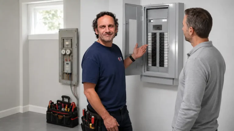 Ottawa Electric electrician explaining a modern electrical panel upgrade to a homeowner