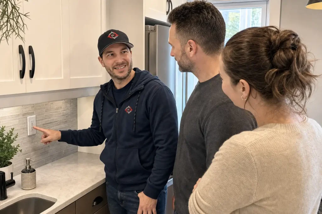 Ottawa Electric electrician explains to homeowners how to safely test a kitchen GFCI outlet.