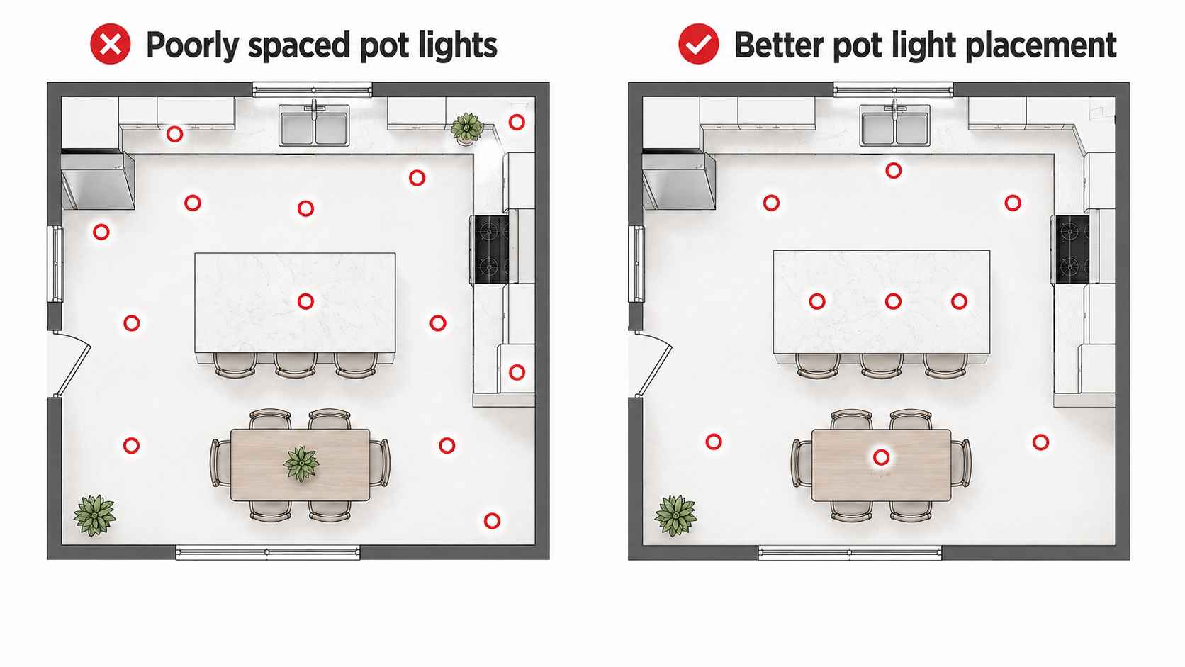 Kitchen ceiling plan comparing poorly spaced pot lights with better pot-light placement around work areas, the island, and dining space.