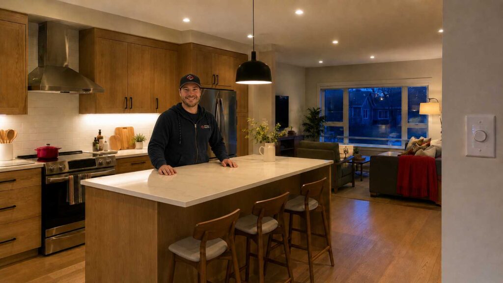 Ottawa Electric electrician standing behind a kitchen island with energy efficient LED pot lights and under cabinet lighting in an Ottawa home