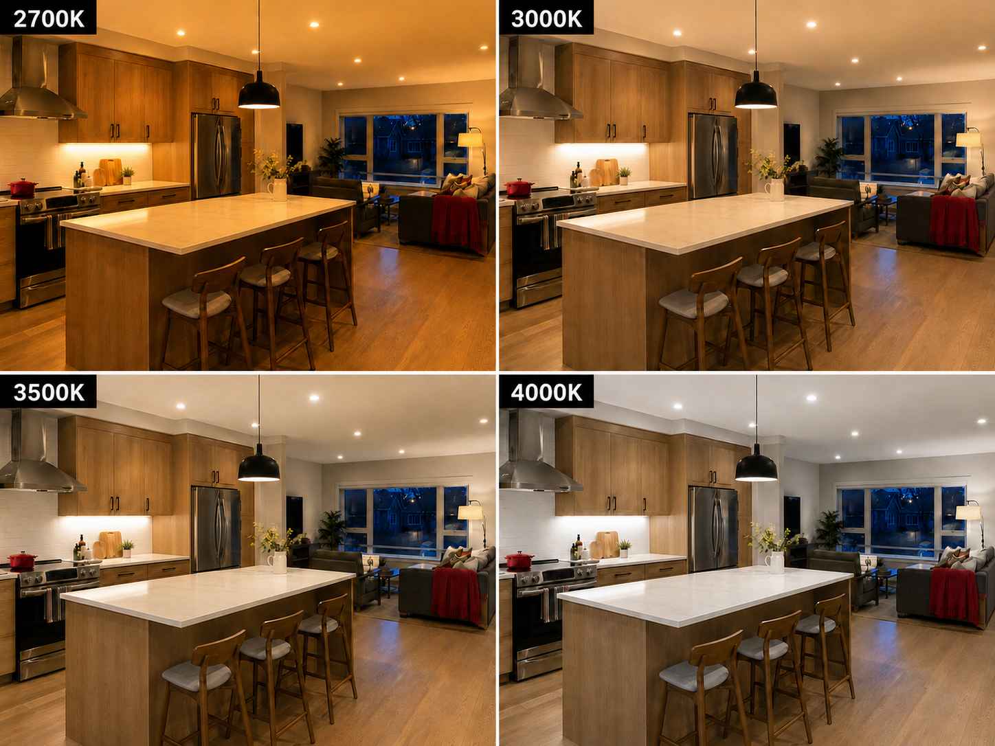 The same Ottawa kitchen shown under 2700K, 3000K, 3500K, and 4000K lighting.