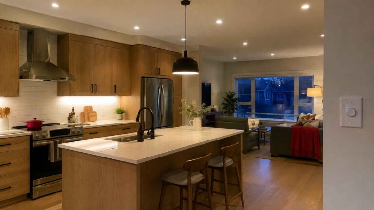 kitchen island with energy efficient LED pot lights and under cabinet lighting in an Ottawa home