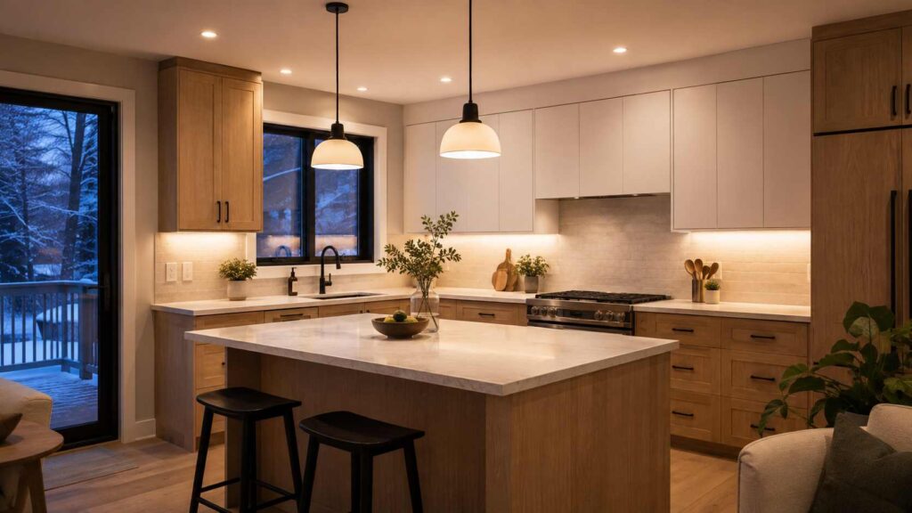 Concealed LED lighting evenly illuminates the countertop beneath upper cabinets in a modern Ottawa kitchen.