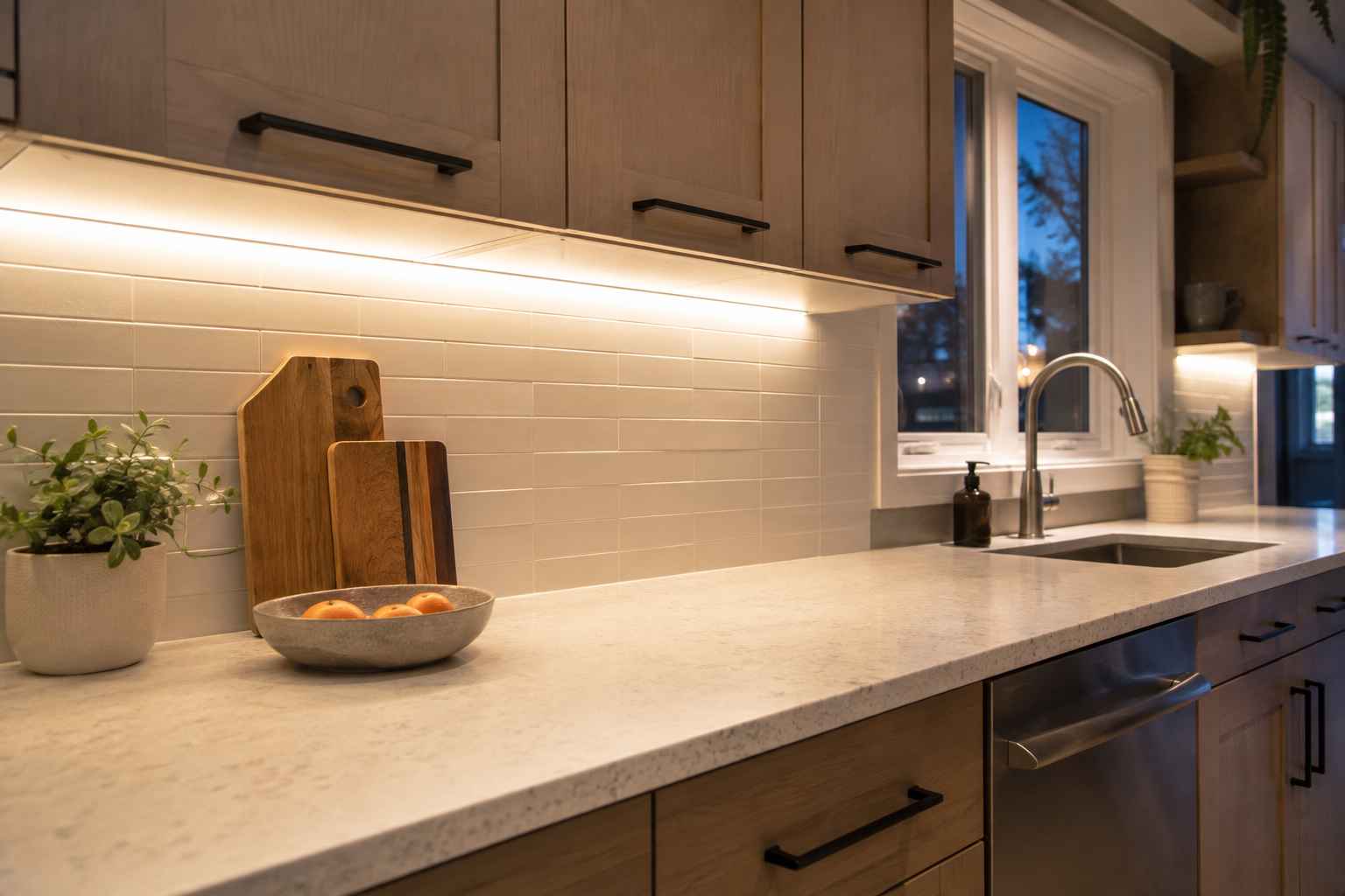 Modern Ottawa kitchen counter illuminated by concealed continuous LED lighting beneath the upper cabinets.
