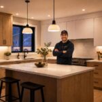 Ottawa Electric electrician standing behind a kitchen island surrounded by recessed, pendant, and under cabinet lighting.