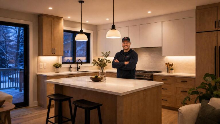Ottawa Electric electrician standing behind a kitchen island surrounded by recessed, pendant, and under cabinet lighting.